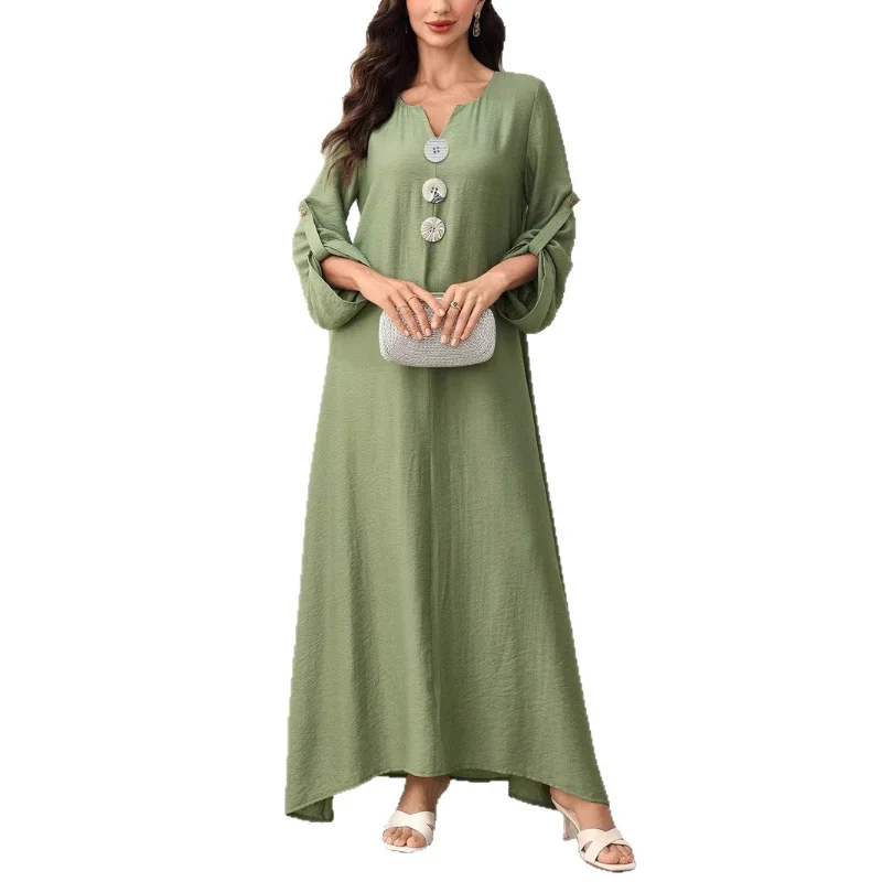 فستان نسائي كاجوال جديد فضفاض برقبة على شكل حرف V مريح بلون سادة وأكمام طويلة