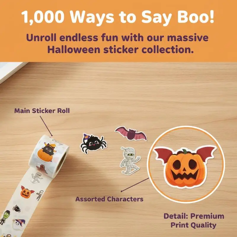 Cute Cartoon Halloween Sticker Rolls 500Pcs Per Roll Pumpkin Ghost Patterns for Kids Party Favors Scrapbooking Stationery Decor