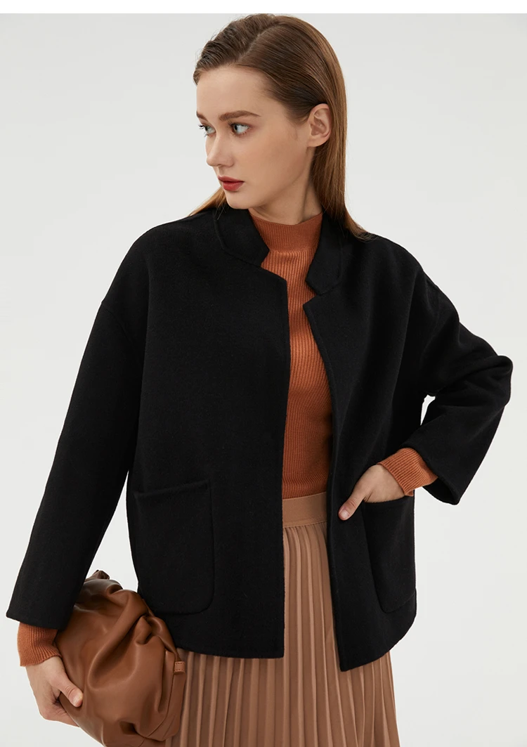 CAIXINGLE Herbst- und Winterneuer Damenmantel 100% Reine Wolle Wendbarer Wollmantel Stehkragen Schwalbenschwanz-Damen-Crop-Top – Detail 20