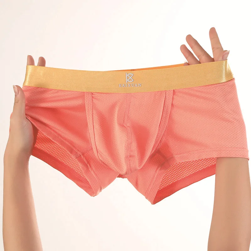 

Мужские трусы-боксеры из ледяного шелка с сетчатыми вставками, с отдельным карманом-капсулой, с боковым отверстием, сексуальные, дышащие, спортивные