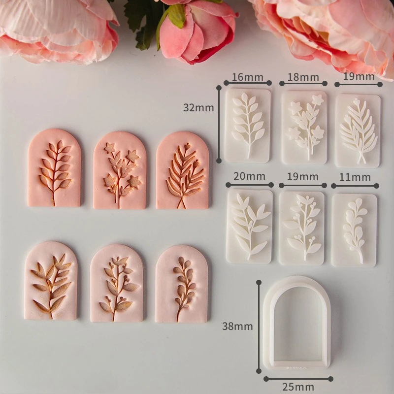 7-teiliges Set mit Ohrringformen aus Ton mit botanischem Blattmuster, frischen Pflanzen- und Rankenblättern, Ton-Ausstechformen und Werkzeugen für die Herstellung von Ohrringen, Anhängern und Schmuck – Detail 8