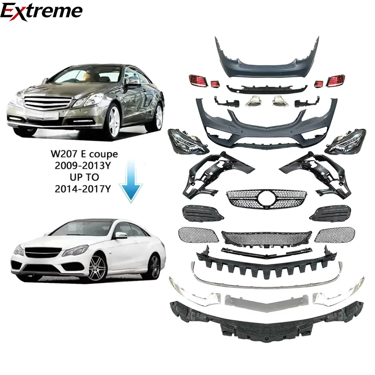 For Mercedes Benz E Class W207 Coupe 2009-2013 Upgrade to 2014-2016 Facelift Body Kit With Grille Side Skirt Assembly