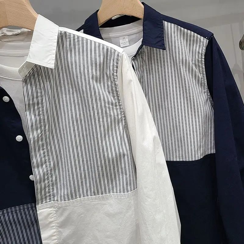Spring Autumn Fashion Turn-down Collar Long Sleeve Patchwork Contrast Color Blouse Men\'s Clothing Button Casual All-match Shirts