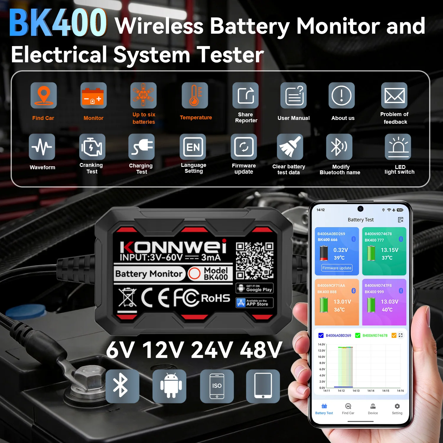 2026 KONNWEI BK400 Car Battery Monitor 6V 12V 24V 48V GPS Locator Temp Detect Auto Battery Tester Car Truck RV Motorcycle