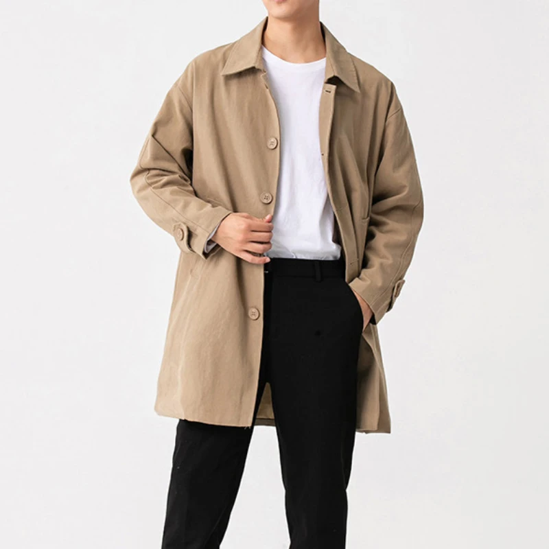 

Men Trench Loose Fashion Urban Business Casual Gentlemen Solid-Color Mid-Length Japan Style Youth Luxury Khaki Windbreaker