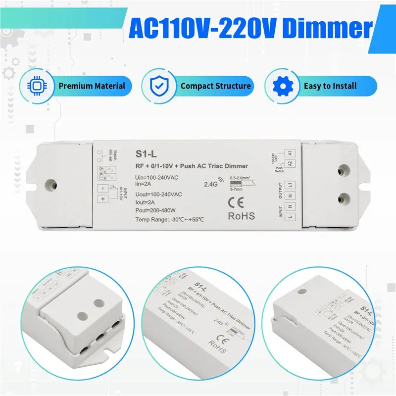 B04C-RF+ 0/1-10V+ Push AC Triac Dimmer AC110V-220V S1-L 1 CH Channel Dimmable Single Color Incandescent Led Dimmer