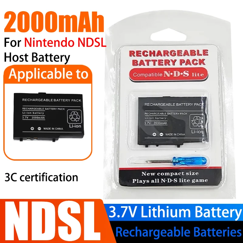For Nintendo NDSL Host Battery 2000mAh 3.7V Lithium Rechargeable Replacement Batteries W/ Screwdriver Game Console Built-in Cell