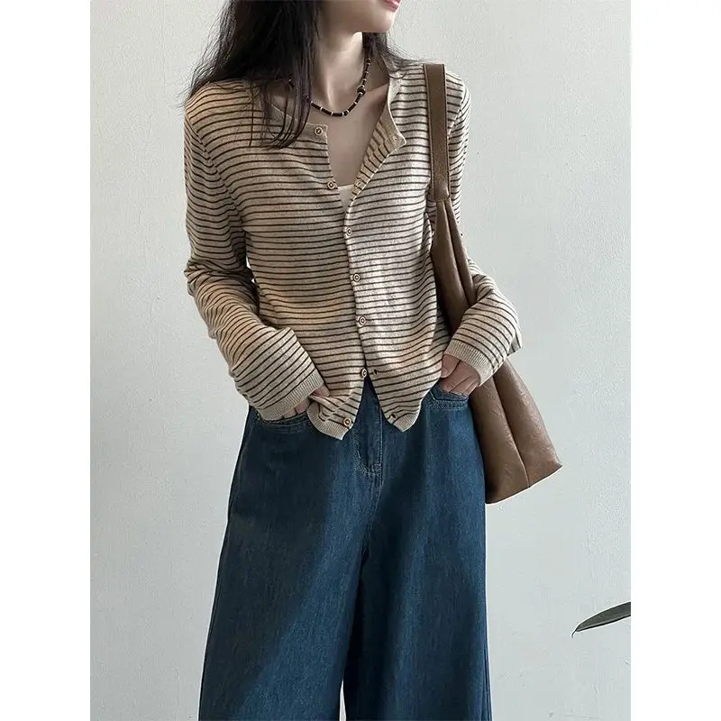

Women Clothes Spring Autumn Fashion Casual Button Striped Color Blocking O-neck O-neck Appear Thin All-match Long Sleeve Top Tee