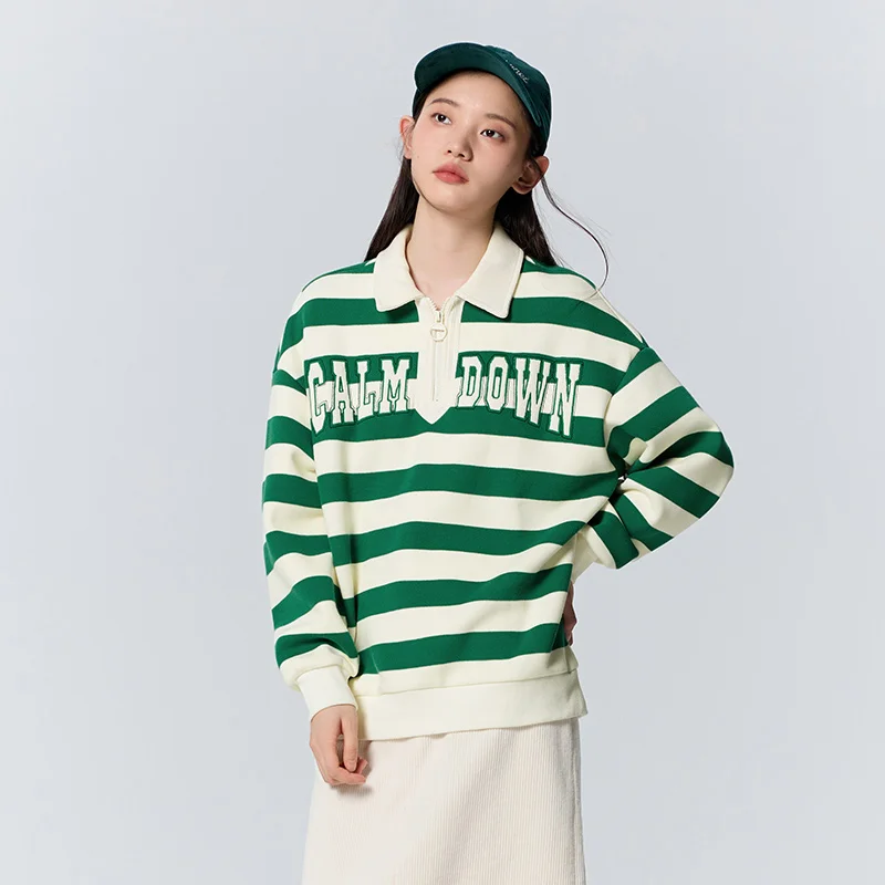 Semir Sweater Women Waffle Texture Striped Shirt Oversize Winter Polo Collar Letter Embroidered Retro Sweatshirt