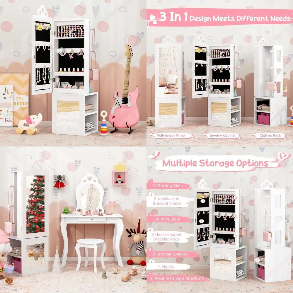 

Детский туалетный столик 46 с зеркалом в полный рост, полками для хранения и вешалкой для одежды, белый