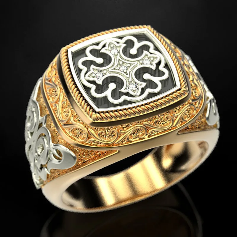 S925 Sterling Silver Ring New Through Flower Plated 18K Gold Two Color Ring Retro Engraved Pattern Mens Engagement Ring