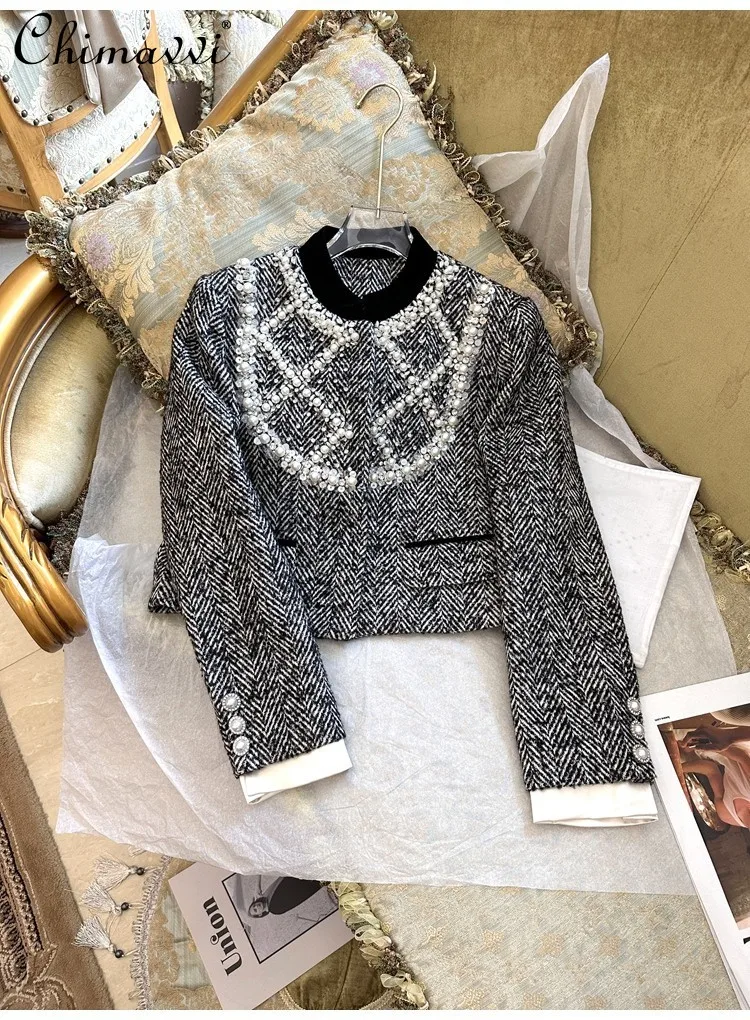 

Korean Temperament Commuter Round Neck Long Sleeve Pearl Beaded Diamond Tweed Jacket Retro Socialite Short Wool Top Women Autumn