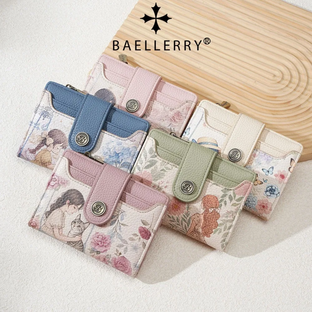 Baellerry Floral Print Women's Short Wallet Large Capacity Card Holder Photo Clip Fashionable Cute Zipper Coin Purse