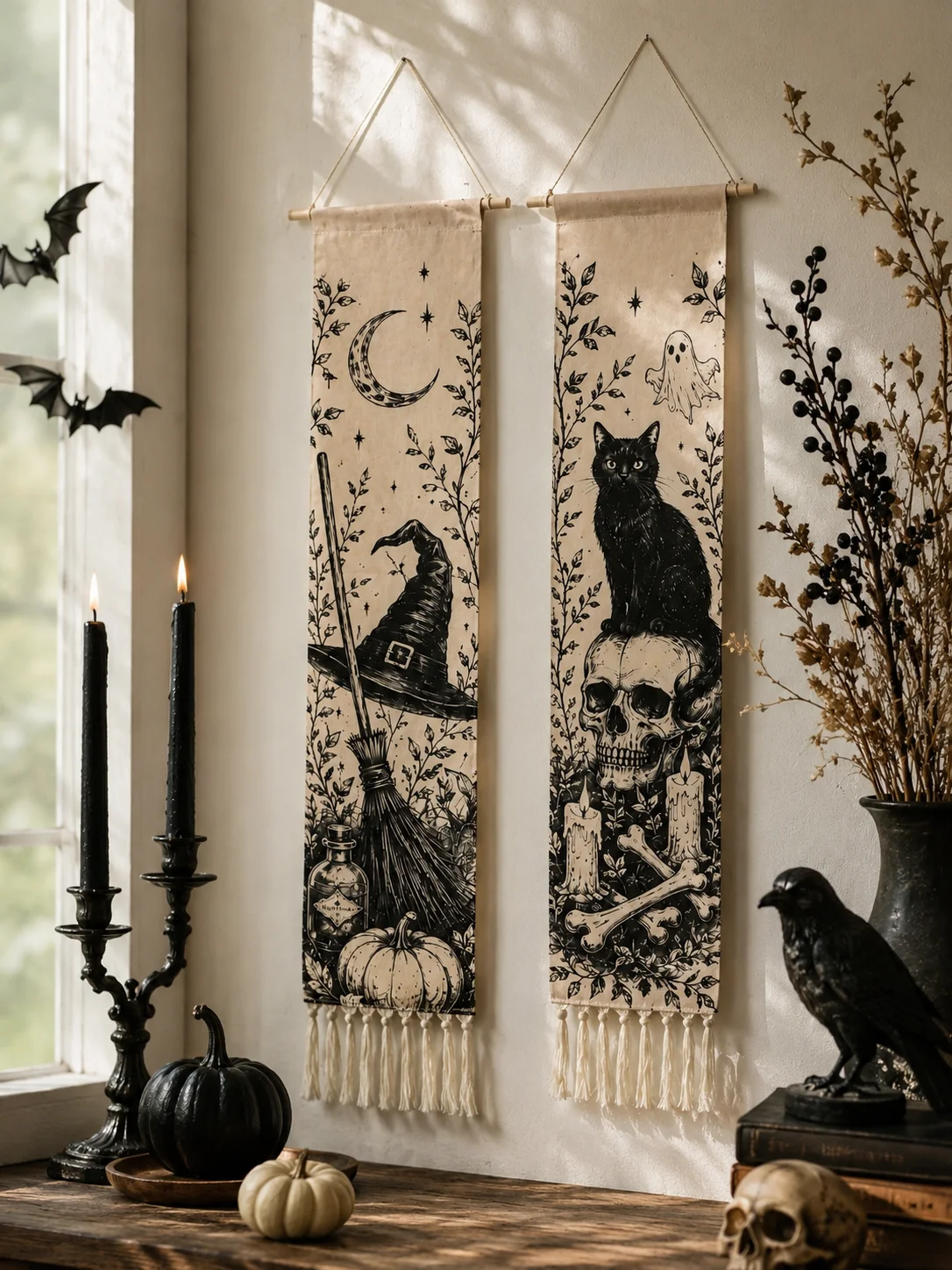 Halloween-Wandteppich mit Quasten, Gotische Hexe, Schwarze Katze, Krähe, Geisterhaus, Totenkopf-Druck, Vintage Grusel-Wandbehang Deko – Detail 16