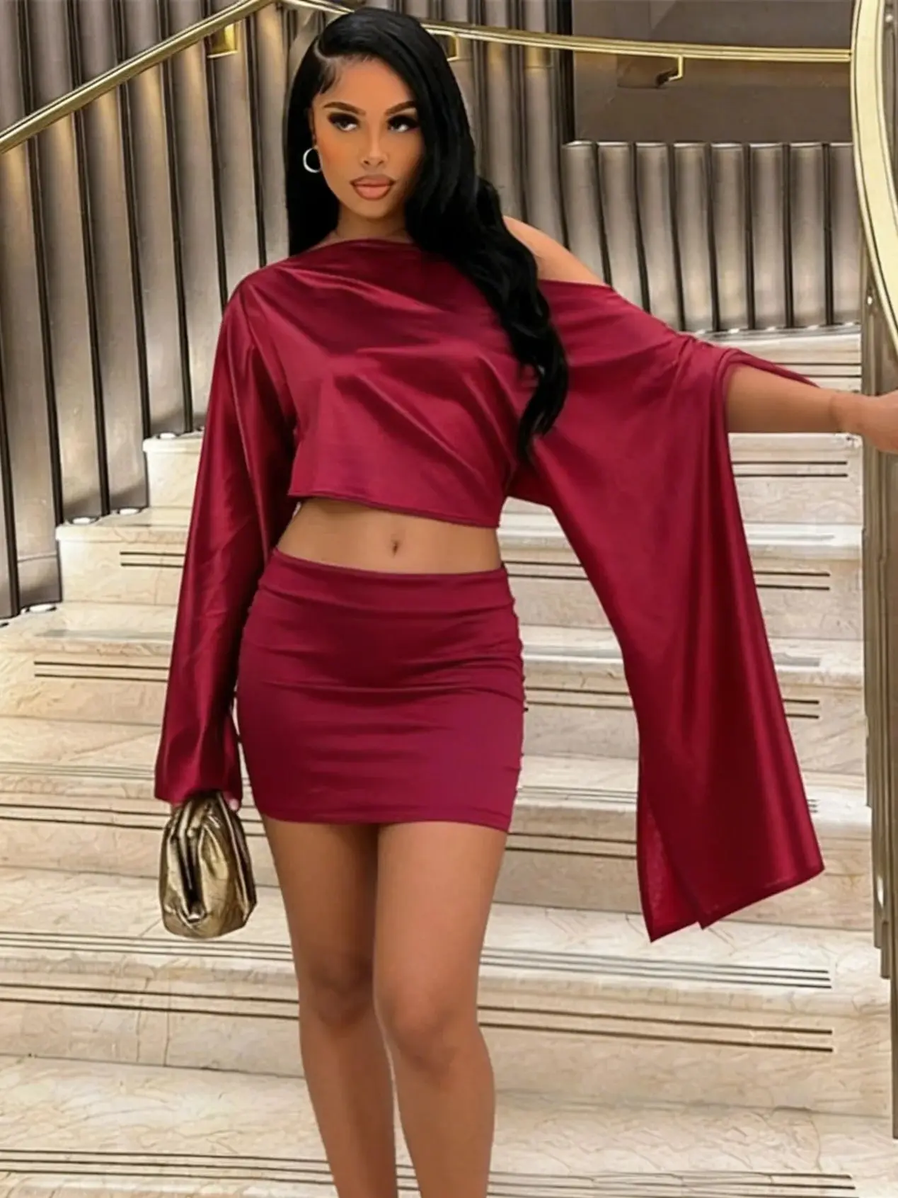 

Weird Puss Elegant Satin 2 Piece Set Women Sexy Classic Skew Collar Crop Top+Peach Hip Skirts Fashion Party Banquet Clubwear