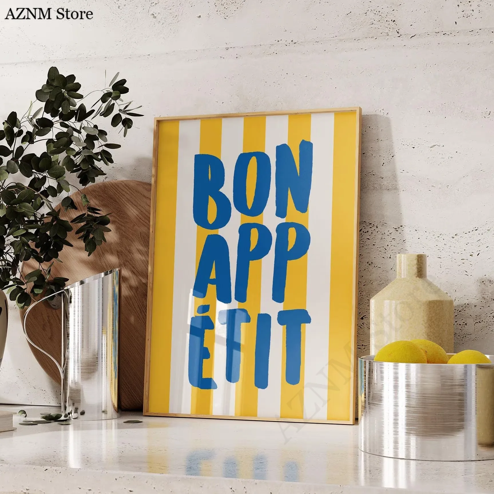 Bon Appetit Gelb-Weiß-gestreifter Küchendruck, französisches Zitat aus der Mitte des Jahrhunderts, Wandkunstposter für moderne Wohnzimmer, Heimdekoration