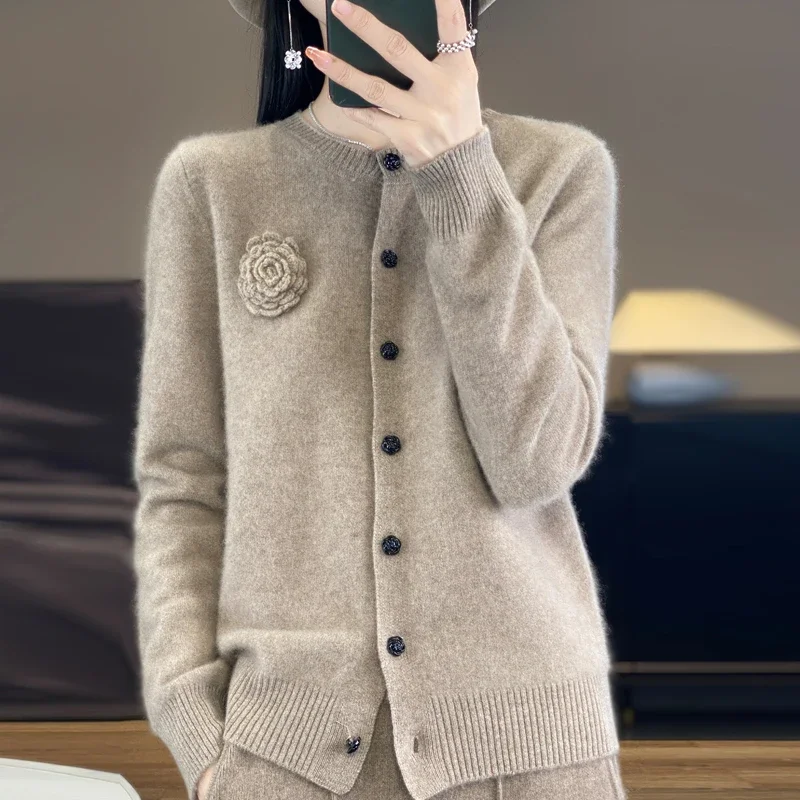 

Spring and Autumn New 100% Merino Wool Cashmere Sweater Women's Cardigan Loose Fashion Round Neck Knitted Coat Top