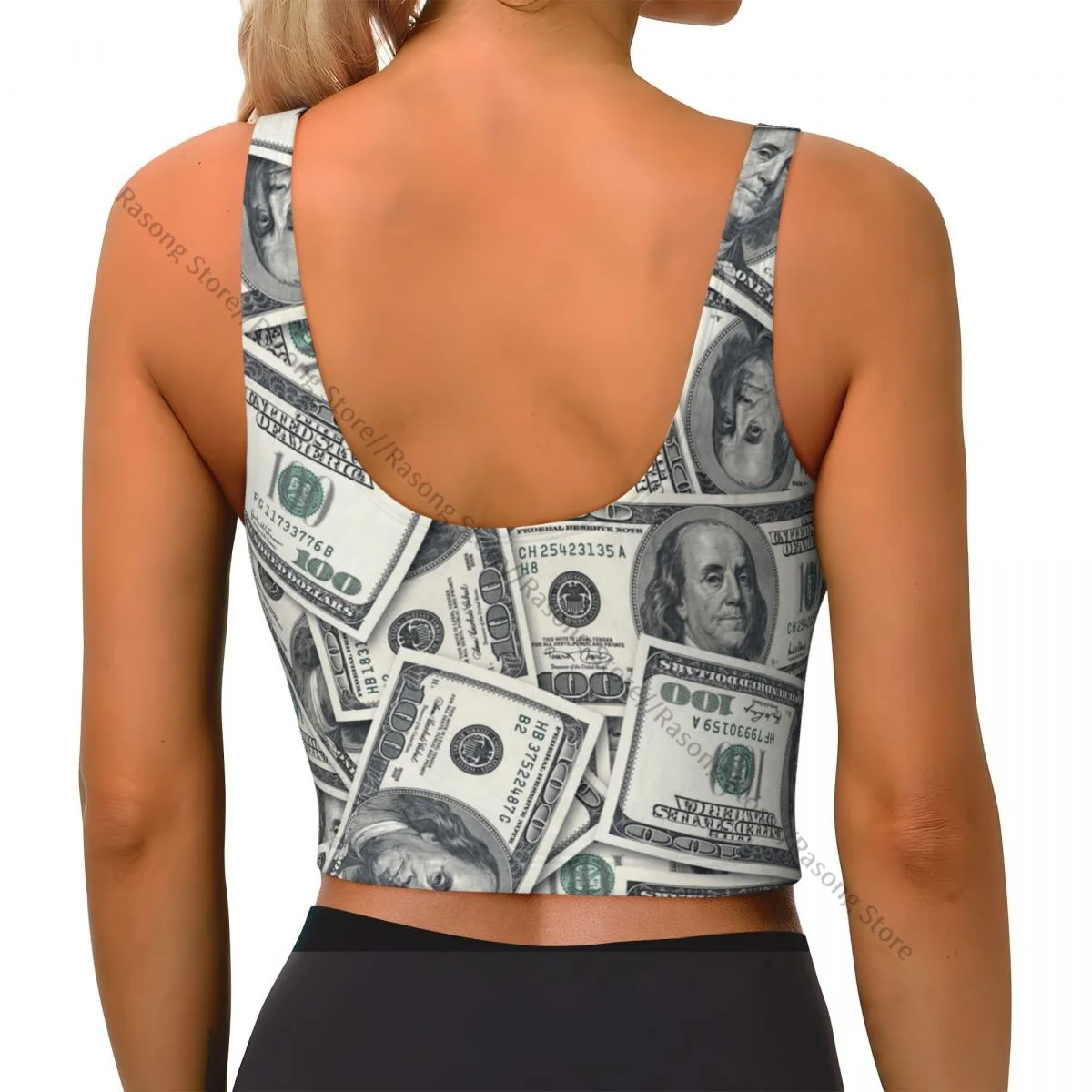 Yoga Vest Women Gym Sports Crop Tops US Dollar Currency Money Pattern Streetwear Workout Breathable Tank Top Female