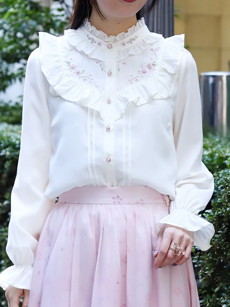 

Женская рубашка Ele Long Sve с вышивкой и воротником-стойкой, с вышивкой сакуры, модная, дышащая, из полиэфирного волокна, для повседневной носки