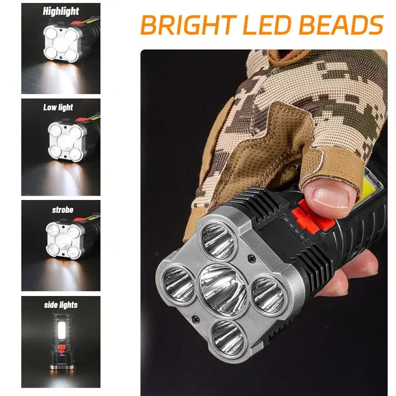 5 LED High Power Led Flashlights Rechargeable Camping Spotlight with Side Light 3 Lighting Modes for Camping Adventure Outdoor