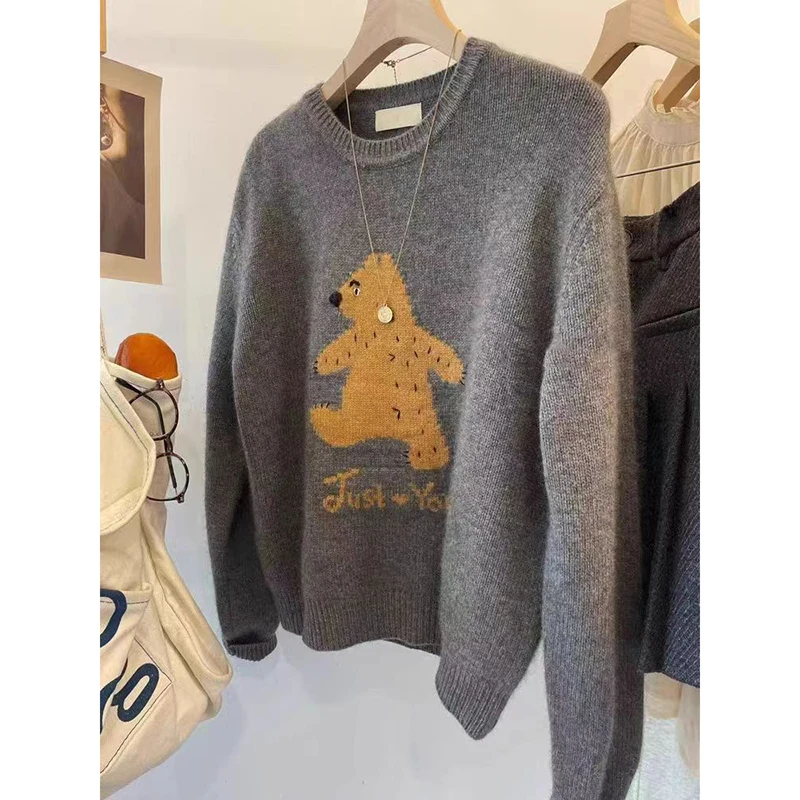 2024 New Women Loose Casual O-neck Long Sleeve Pullover Autumn Winter Cartoon Print All-matched Mohair Sweater Jumper Tops Y2k