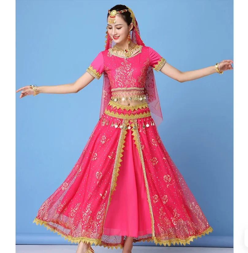 traje-de-danza-india-exotica-sari-de-manga-corta-falda-larga-conjunto-de-ocho-piezas
