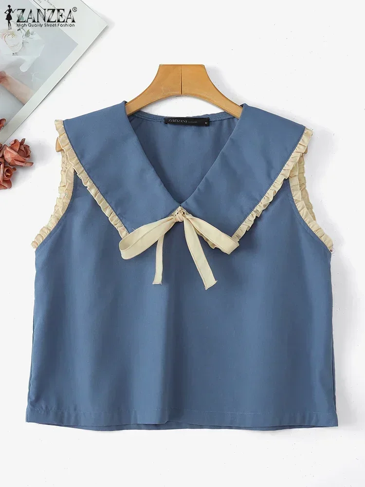 

ZANZEA/2020 летние женские топы на бретелях, модный топ, повседневные свободные майки без рукавов, бандажные лоскутные майки, женские футболки Blusas с лацканами