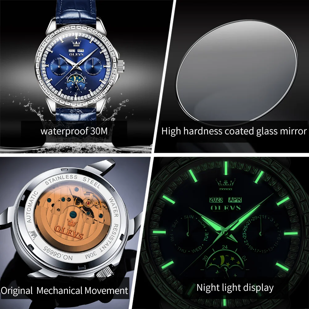 OLEVS 6695 Orologio da uomo Orologio meccanico automatico Settimana Data Luna Orologio da cintura sportivo di lusso per uomo Scatola luminosa impermeabile