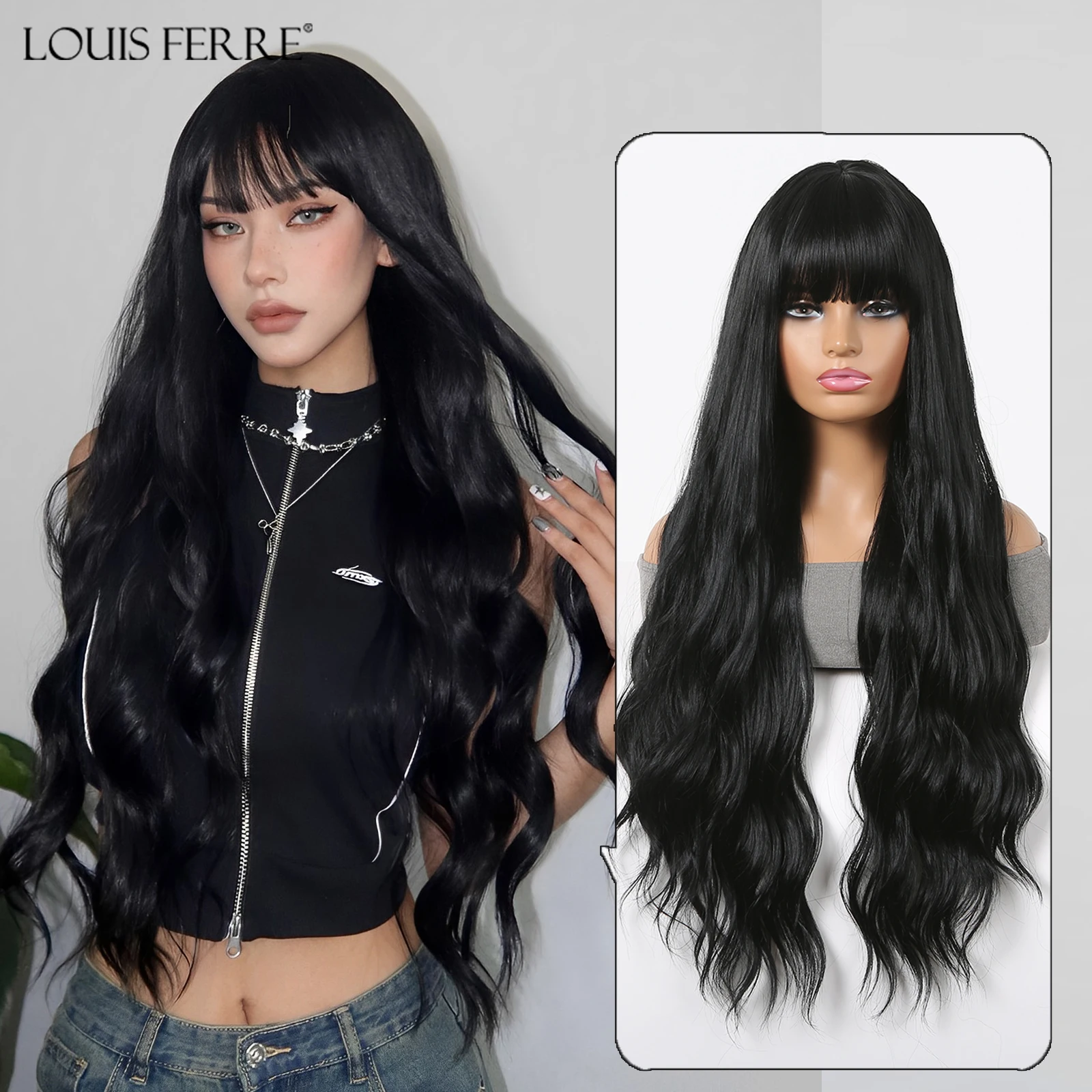 LOUIS FERRE Long Water Wavy Black Synthetic Wigs for Women Natural Fake Hair With Bangs Heat Resistant Daily Use Cosplay Wigs