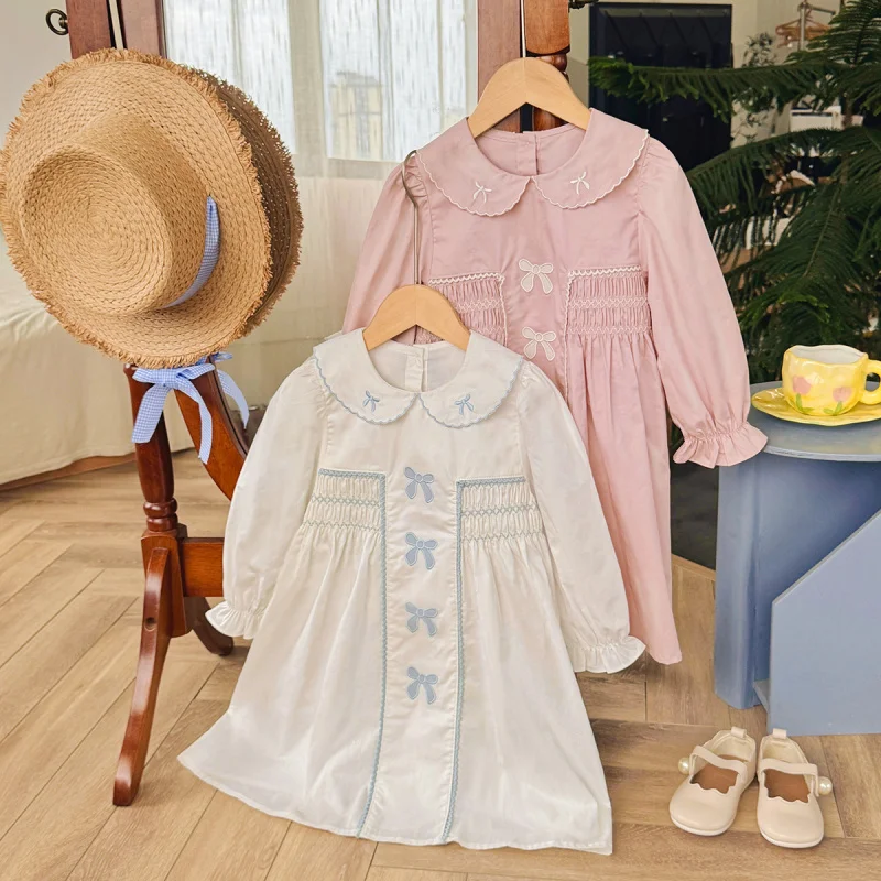 

French Heavy Embroidery Bowknot Girl's Dress2025Autumn Style Long Sleeve Elegant Children's Dress Princess Dress