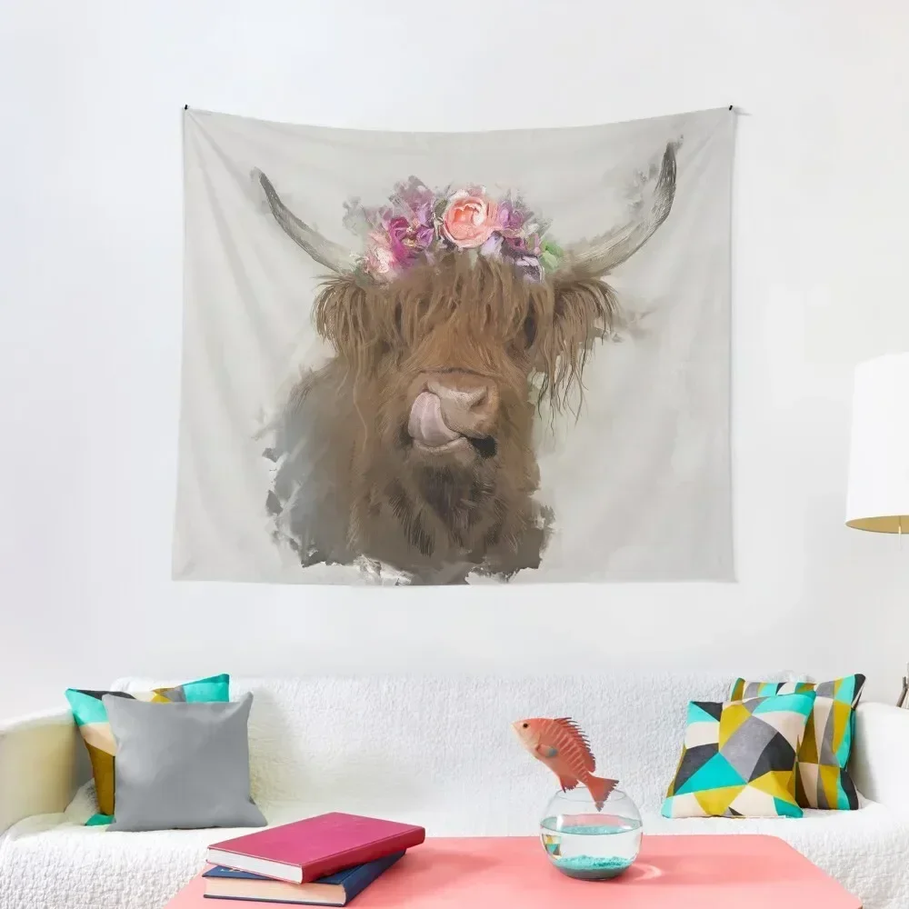 

Highland Cow Flower Crown Painting Tapestry For Bedroom Room Decor For Girls Tapestry