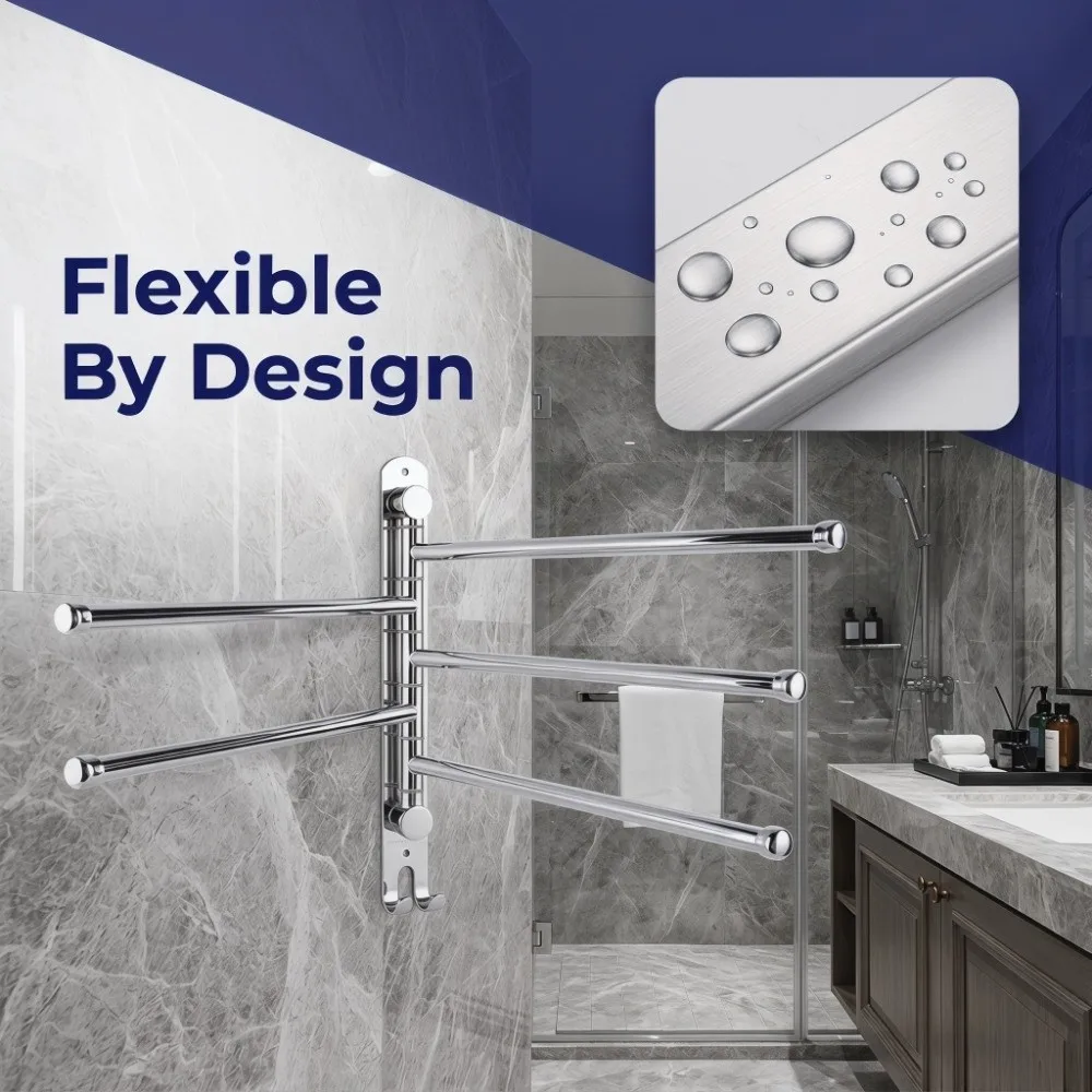 

Stainless Steel Rotary Towel Rack Wall Mounted Adjustable Swing Arms Towel Rack Double Hook Silver Swivel Towel Bar Convenient