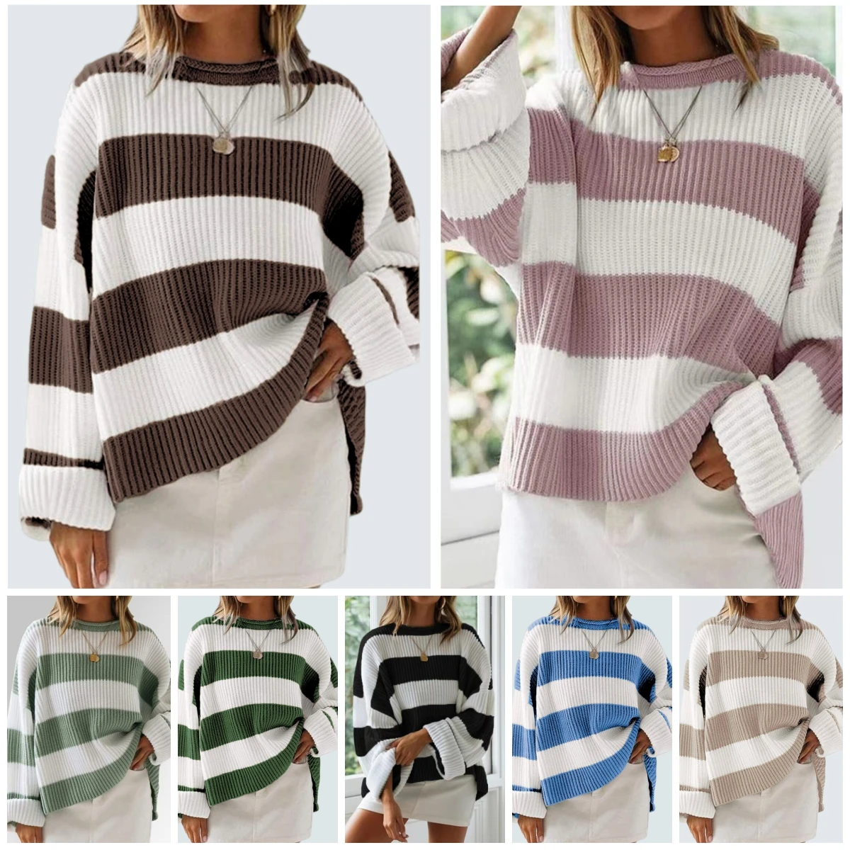 

Women's Color Block Knitwear Warm Round Neck Stripes Sweaters Lantern Long Sleeve Turtleneck Thick Needle Knitted Pullover Tops