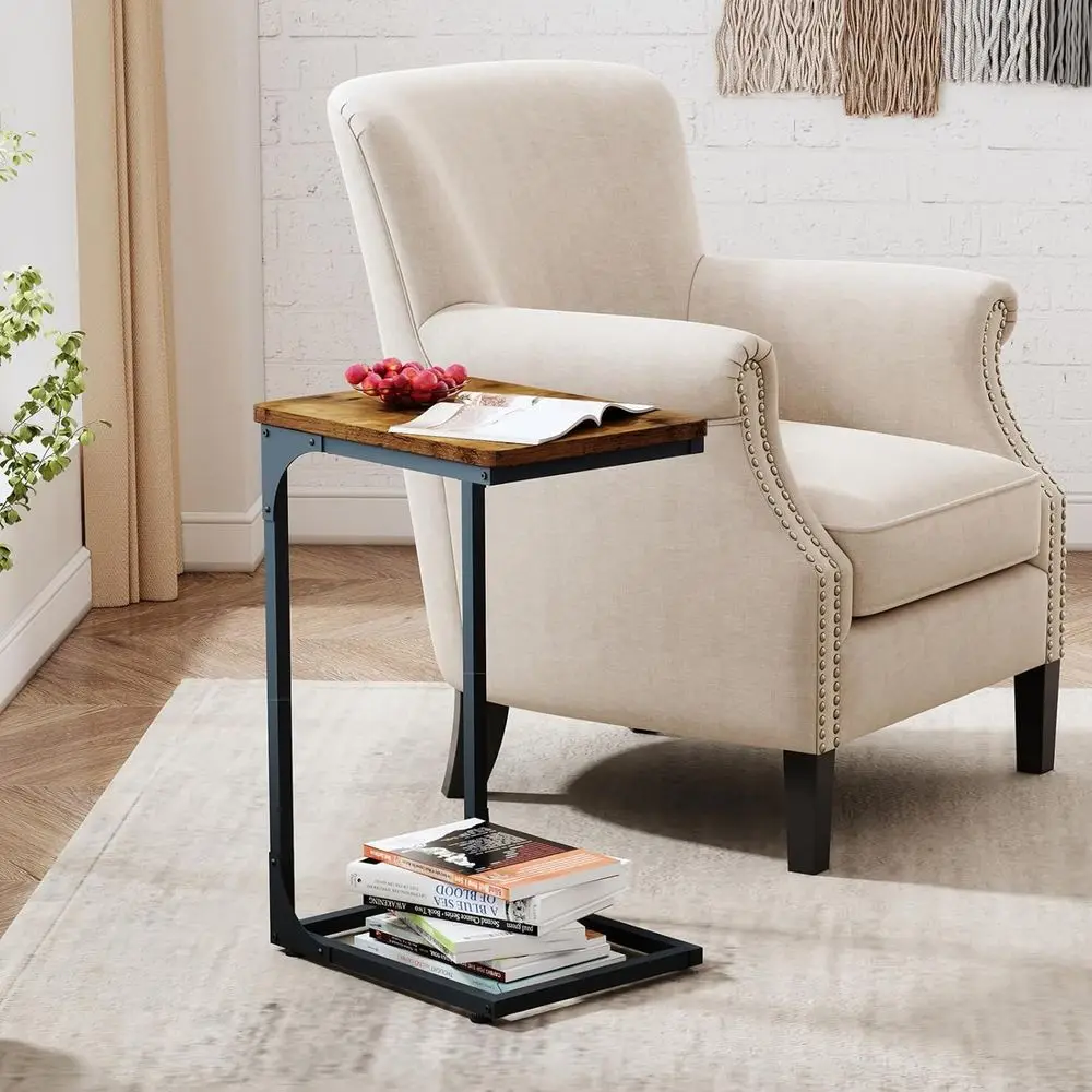 ファームハウススタイル リビングルーム用エンドテーブル2点セット、素朴なブラウン、C型ソファトレイテーブル