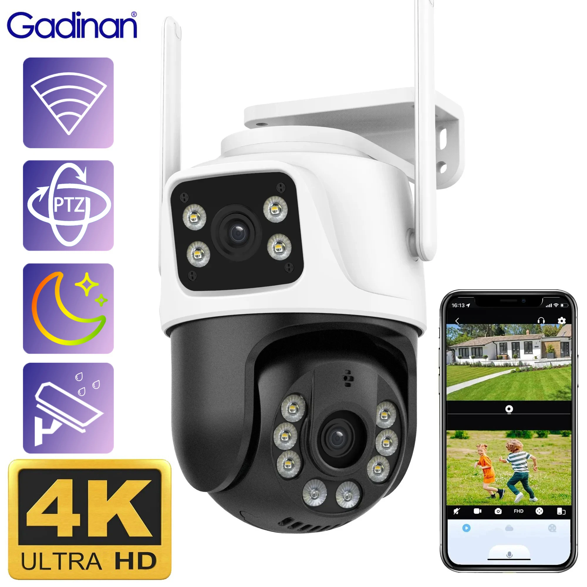 

Gadinan Dual Screen 4K 8MP PTZ Wifi Camera Outdoor Ai Human Detection & Tracking Color Night Vision CCTV Wireless Monitor ICSee