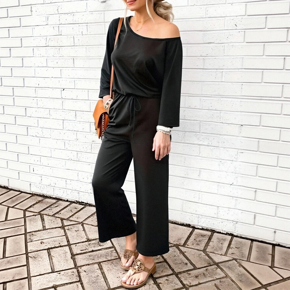 Tute autunnali da donna Decente tinta unita monospalla manica lunga gamba larga cravatta in vita moda quotidiana di base taglie forti