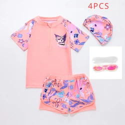 Korean Kuromi Anime Print Girls' Swimsuit Set 2024 New Children's Training Professional Swimsuit Quick Dry Split 4 Piece Set