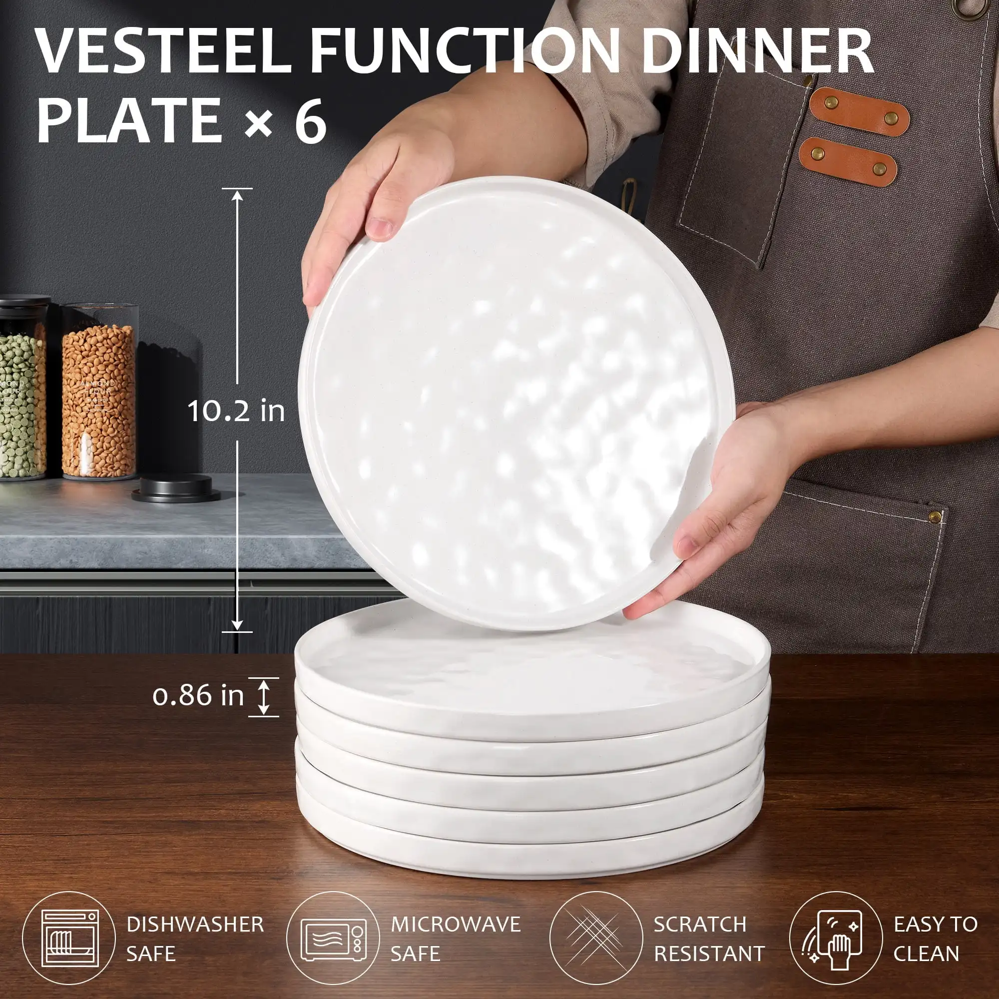 Vesteel Stoneware Dinner Plates Set of 6, 10” Ceramic Salad Plates, Water Ripple Design Dinnerware for Home Restaurant, Microwave & Dishwasher Safe, Speckled White