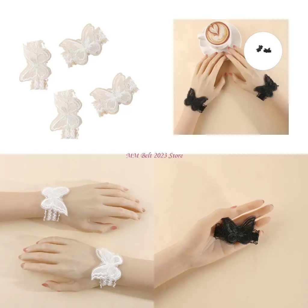 49ME Butterfly Floral Wrist Cuffs Fashion Photography Prop Lace Pattern Pink Bowknot