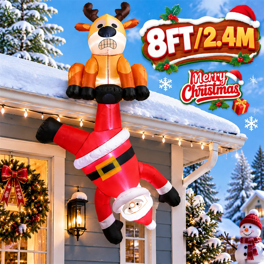 8FT Christmas Inflatable Model Outdoor Decoration Hanging Santa Claus Reindeer Holiday Decor with LEDs Prop for Home Porch Roof