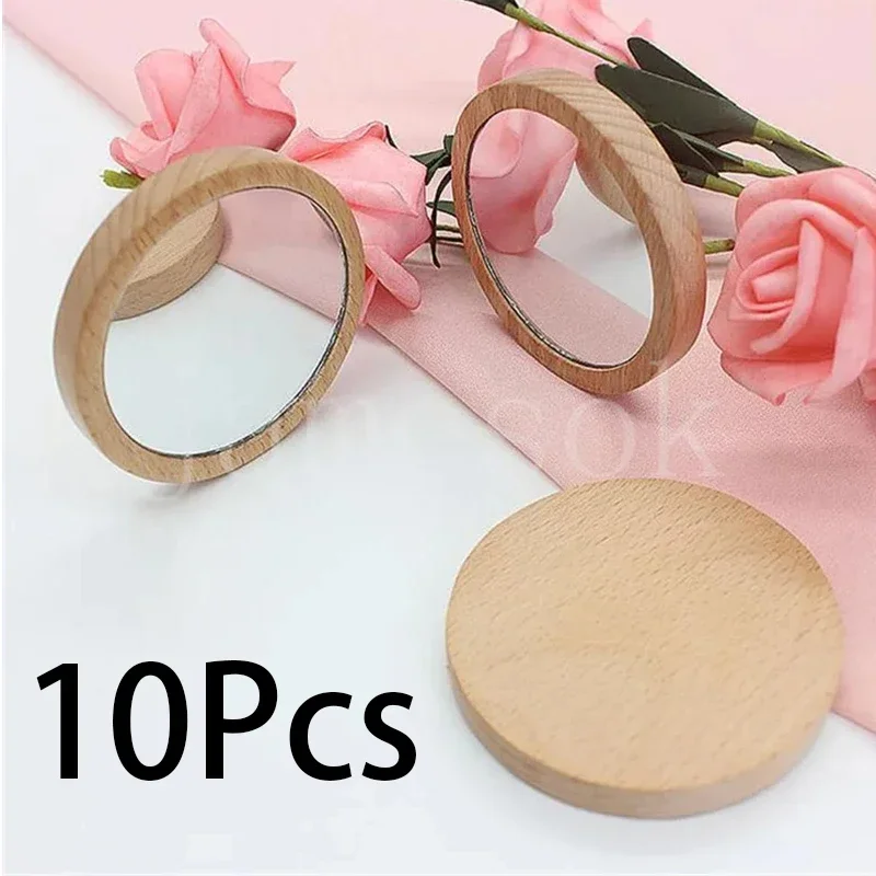 10 Pieces Small Wood Makeup Mirrors Round Compact Mirror Portable Pocket Mirror Wooden  Cosmetic Mirror for Women Girls
