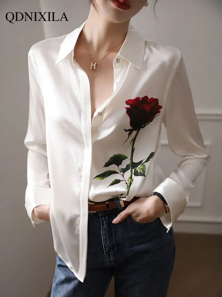 Women's Silk-like Rose Pattern Long Sleeve Top, Elegant Fashion Shirts, Luxury Designer Blouses, White,Woman Blouse 2024