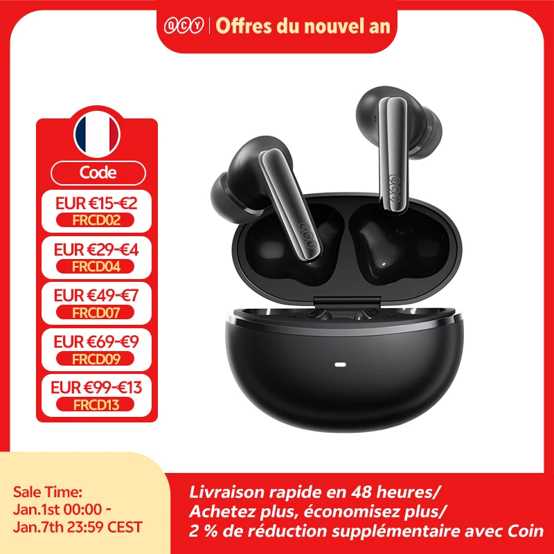 QCY MeloBuds N70 �couteurs sans fil ANC Bluetooth 6.0, r�duction de bruit adaptative, LDAC, audio haute r�solution, 6 micros, ENC, 50 h d'autonomie, charge sans fil, d�tection intra-auriculaire