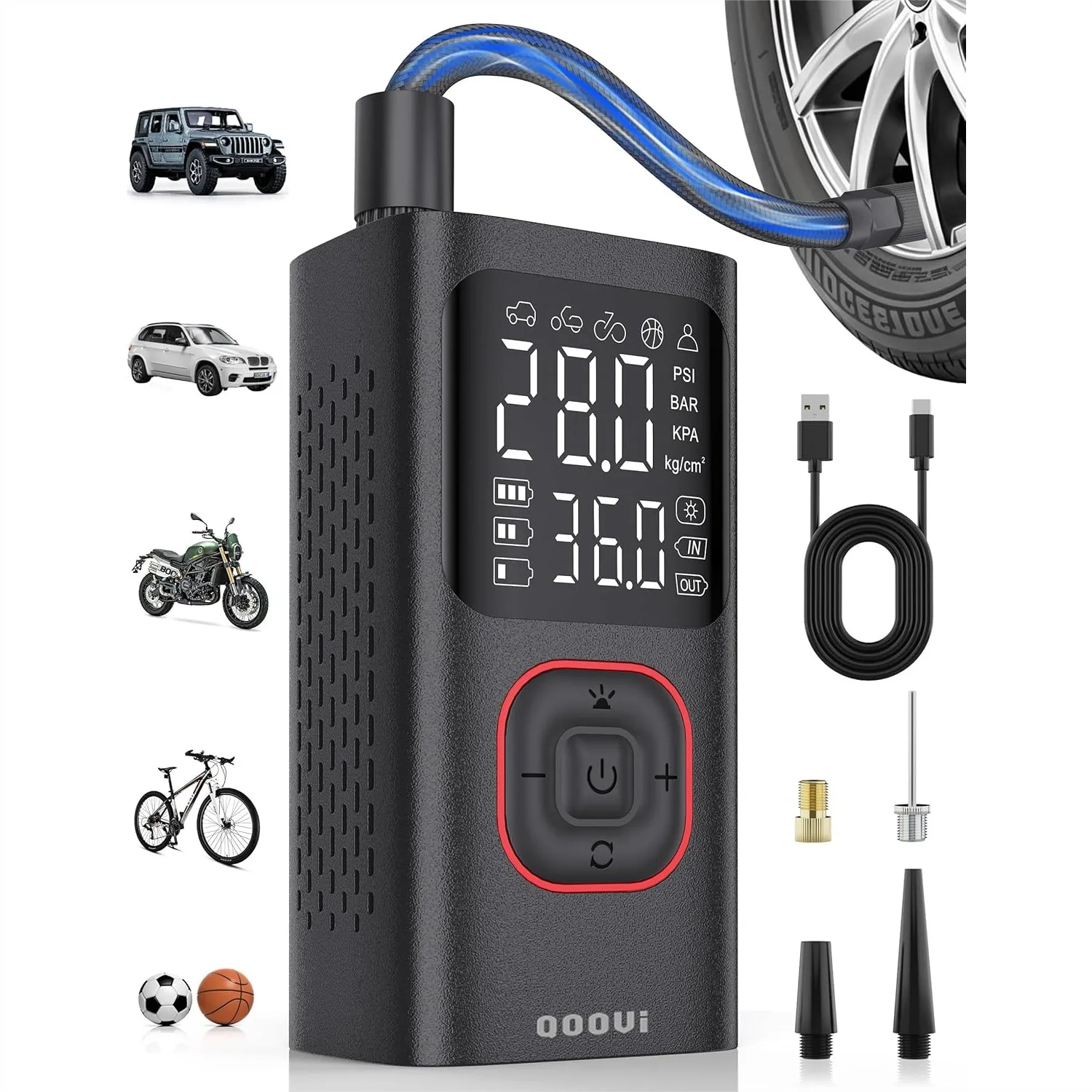 Portable Tire Inflator Air Compressor with Auto Shut-Off, Digital Display, LED Lights for Car Bike Motorcycle Balls - Fast