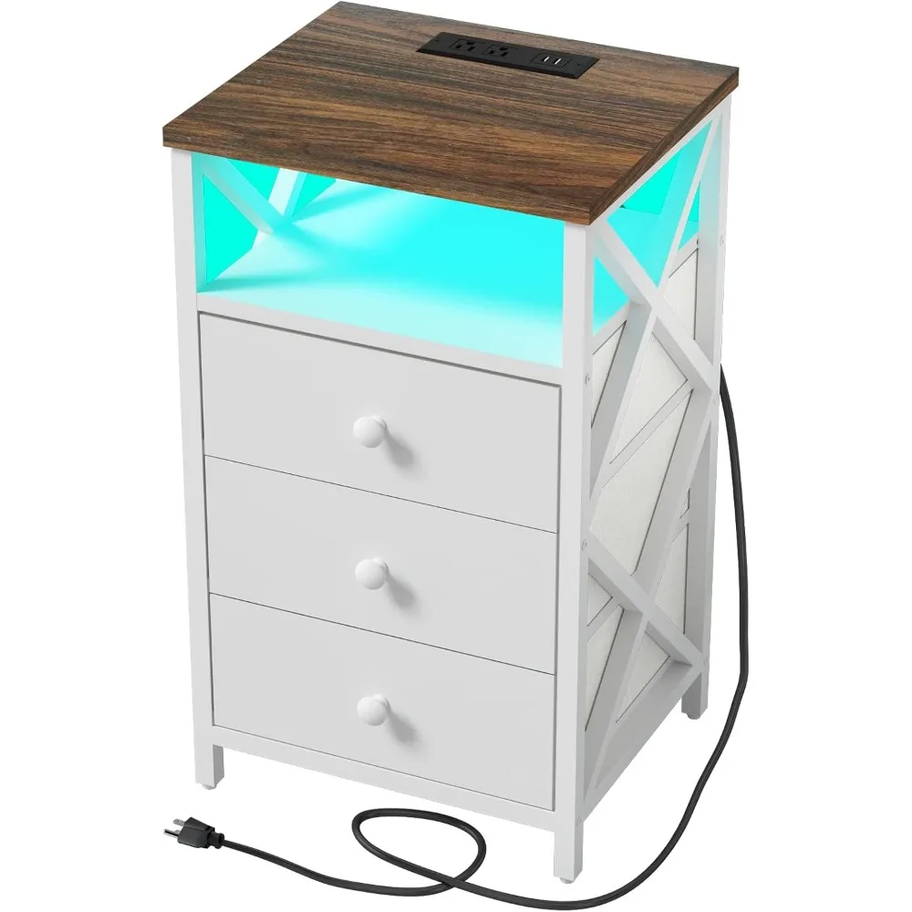 LED Nightstand with Charging Station, Tall Dresser for Bedroom with LED Light, Side Table Bedside Tables with USB Ports