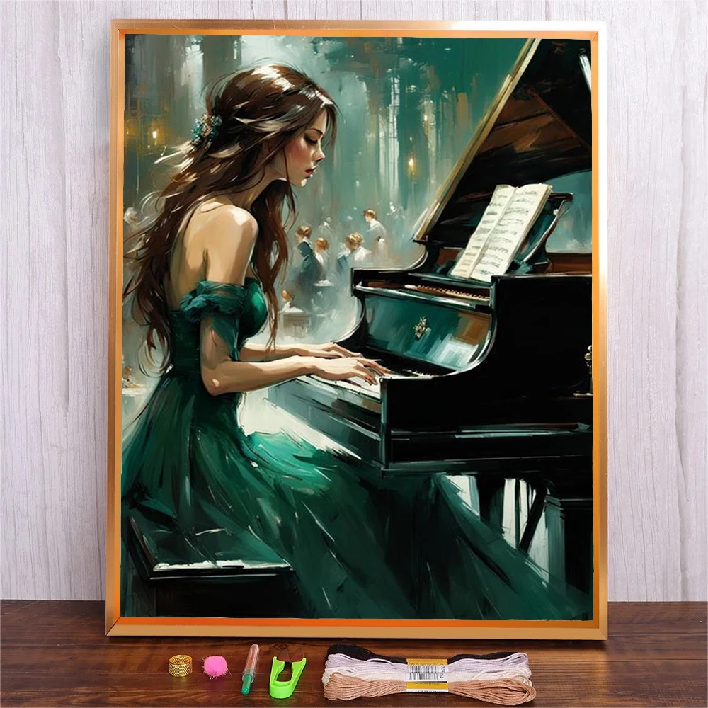 

Piano Girl DIY Full Embroidery Cross Stitch Kits Printed Canvas Pattern 11CT Needlework Crafts Cross-Stitch Sets Home Decor