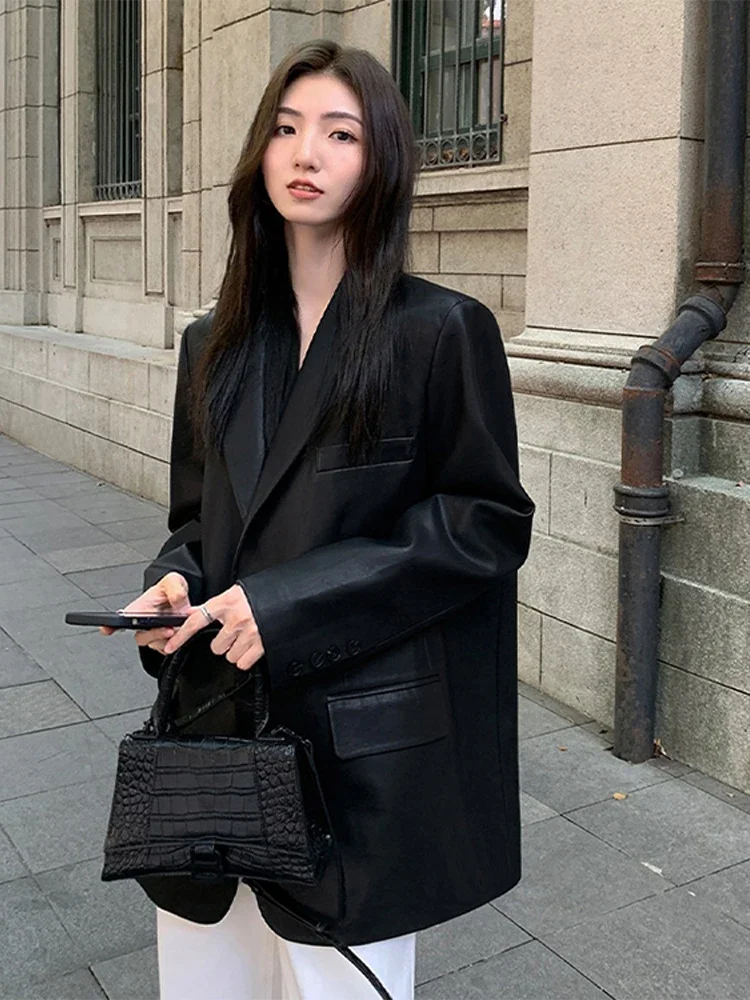 Leather Solid Women Coat Long Sleeve Turn-down Collar Female Overcoat 2024 Spring Fashion Single Breasted Pocket Lady Coats