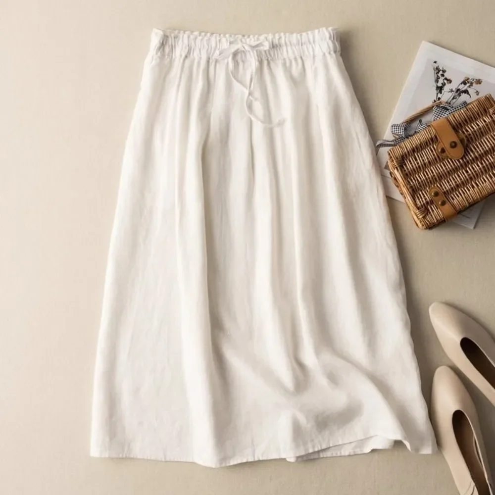 Women Cotton A-Line Skirt With Lining Tie Elastic Waist Loose Solid Color Slimming Casual Office Streetwear Minimalist  Ladies