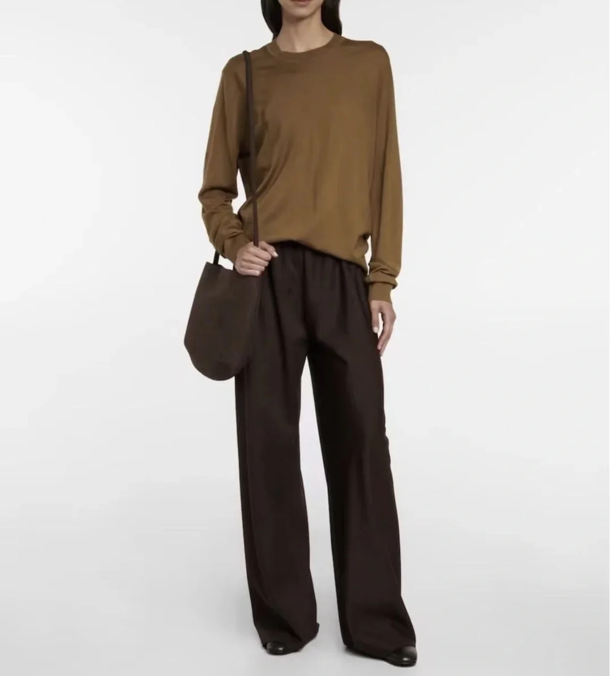 French Style Women 100% Wool Solid Elastic Waist Wide Leg Pants Elegant Lady All Match Long Trousers Pant 2025 Autumn