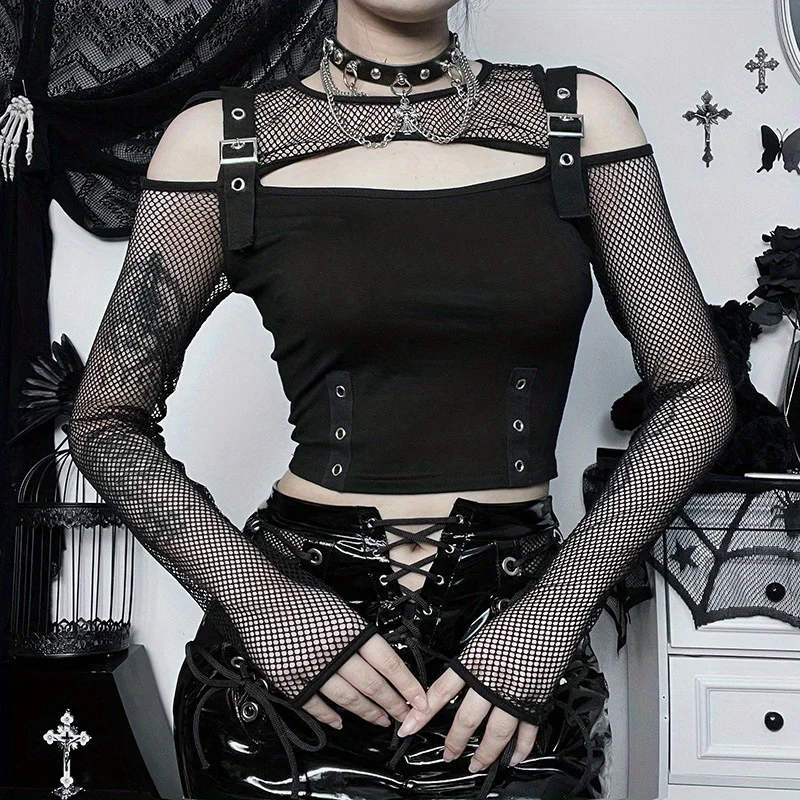

Punk Goth Sexy Dark Style Corset Cutout Top Women's Mesh Long-Sleeve Versatile Blouse Streetwear Economic